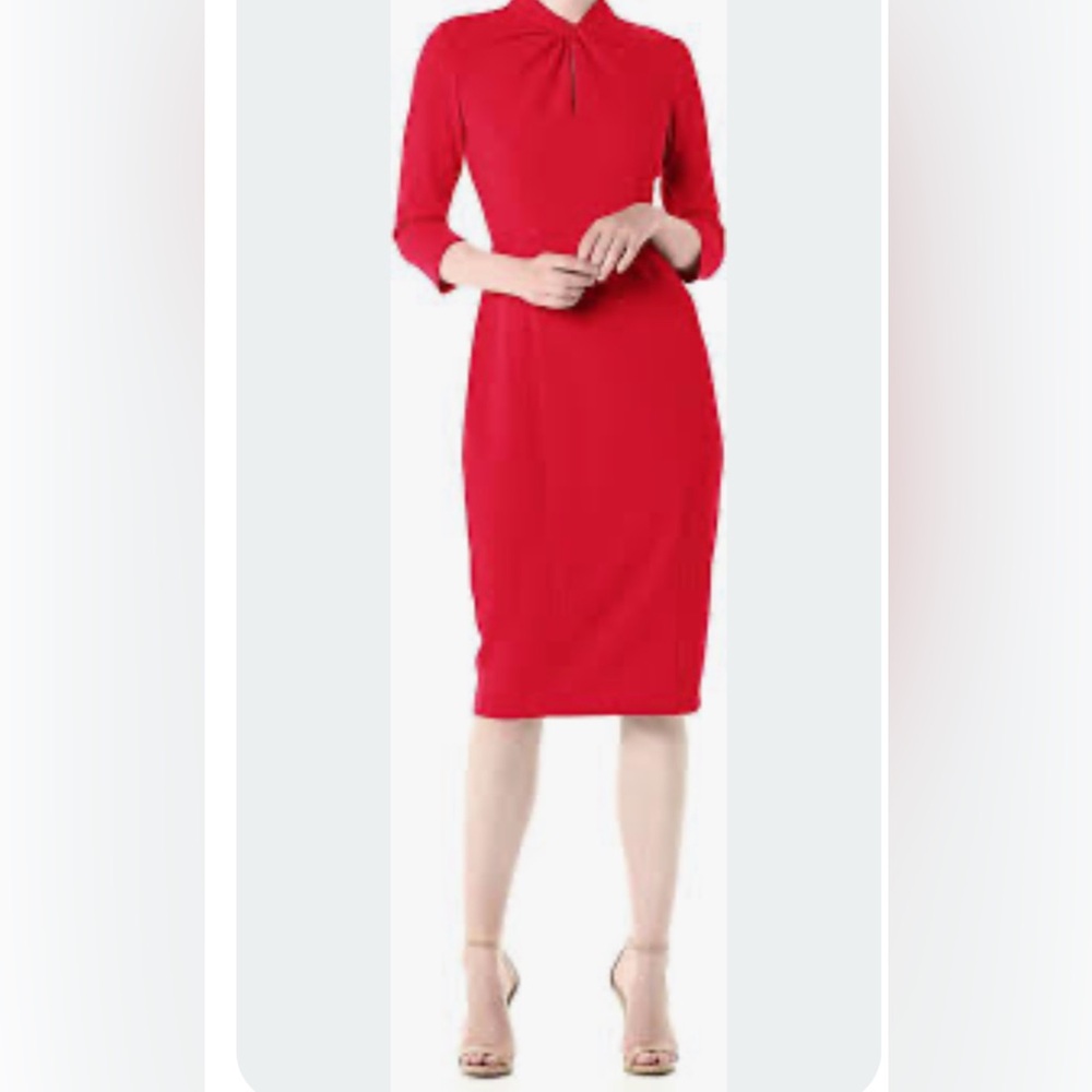 Donna Morgan Red Sheath Dress 3/4 Cuffed Sleeves Crew Neck